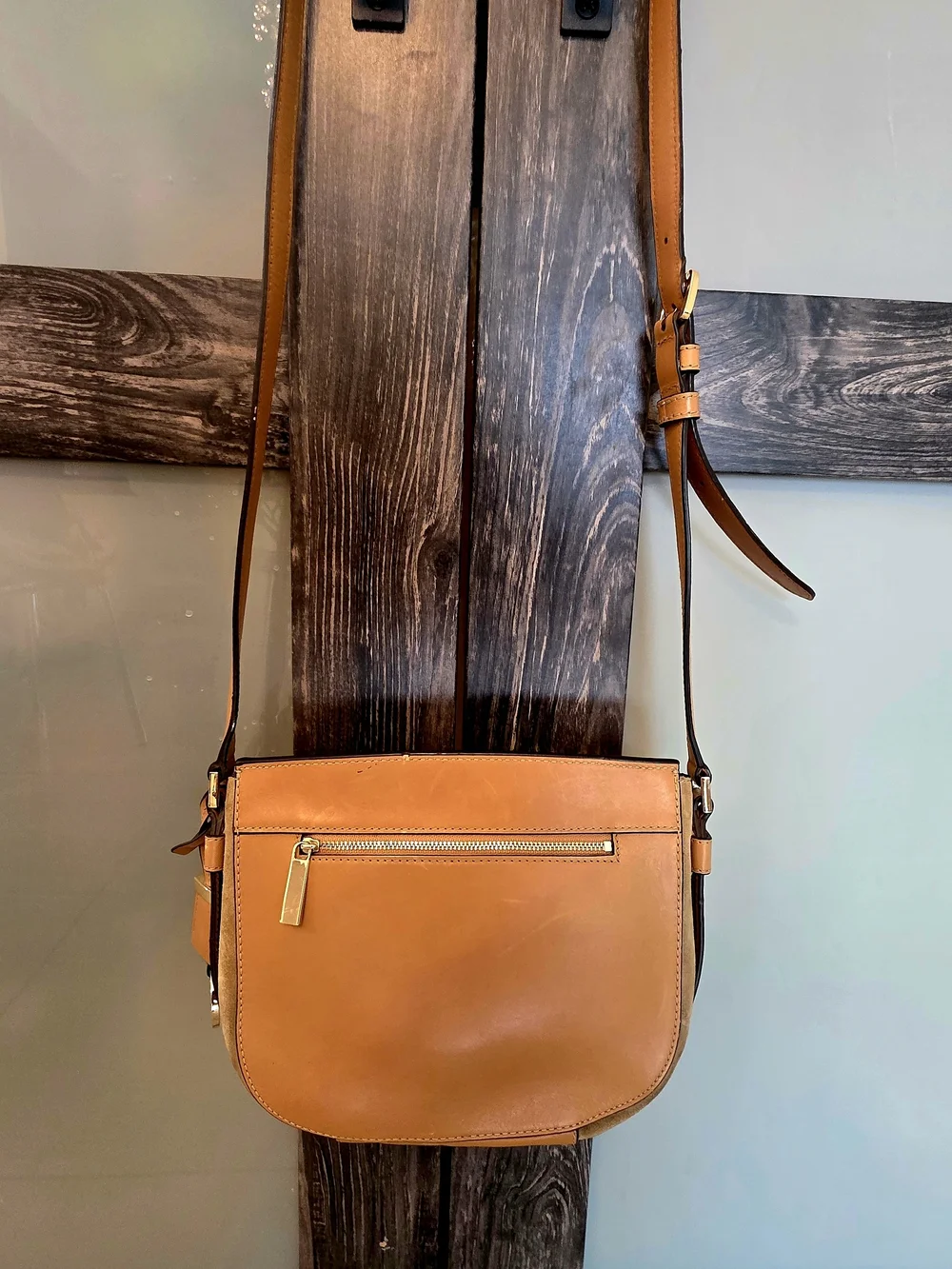 Michael Kors Tan Suede Leather Shoulder Bag - Gold Hardware, Buckle, MK Charm - Picture 9 of 12